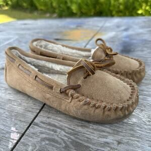 Minnetonka Moccasins Beige Suede Leather Hard Bottom Shoe Sz 6 Faux Fur 4052 Y2K